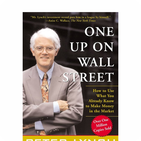 Portada del libro muestra a un hombre en traje con texto "One Up on Wall Street".