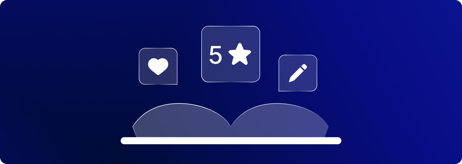 Iconos de un corazón, cinco estrellas y un lápiz sobre un libro abierto.