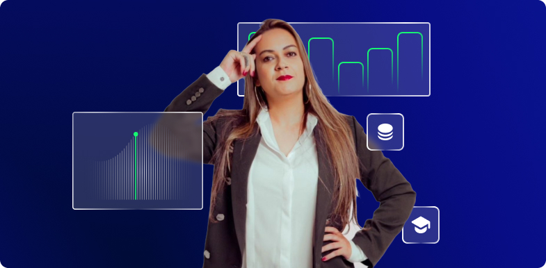 Une femme en tenue professionnelle se tient avec des icônes de finance, éducation et devise.