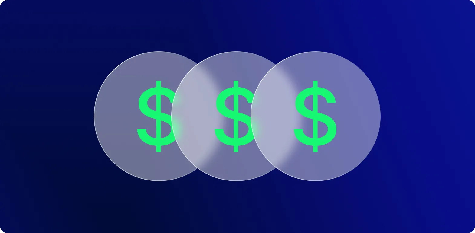 Três círculos sobrepostos, cada um com um símbolo de dólar verde em um fundo azul escuro.