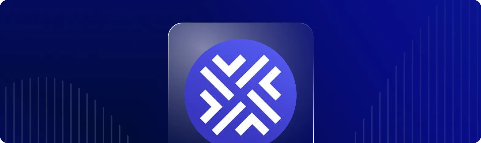 Un logo bleu avec un symbole blanc stylisé sur un fond sombre.