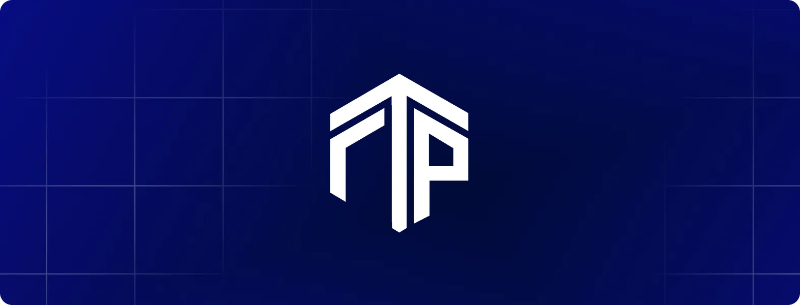 Un logo blanc stylisé avec les lettres TP sur un fond bleu foncé.