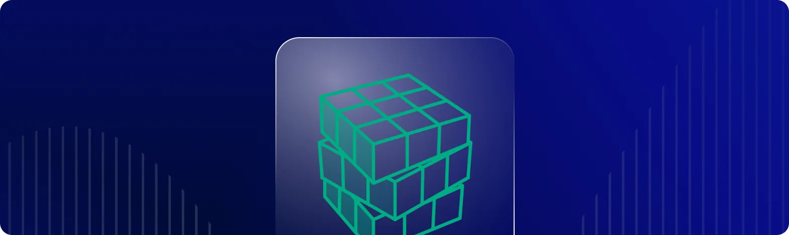Une pile de cubes 3D vert brillant sur un fond sombre.
