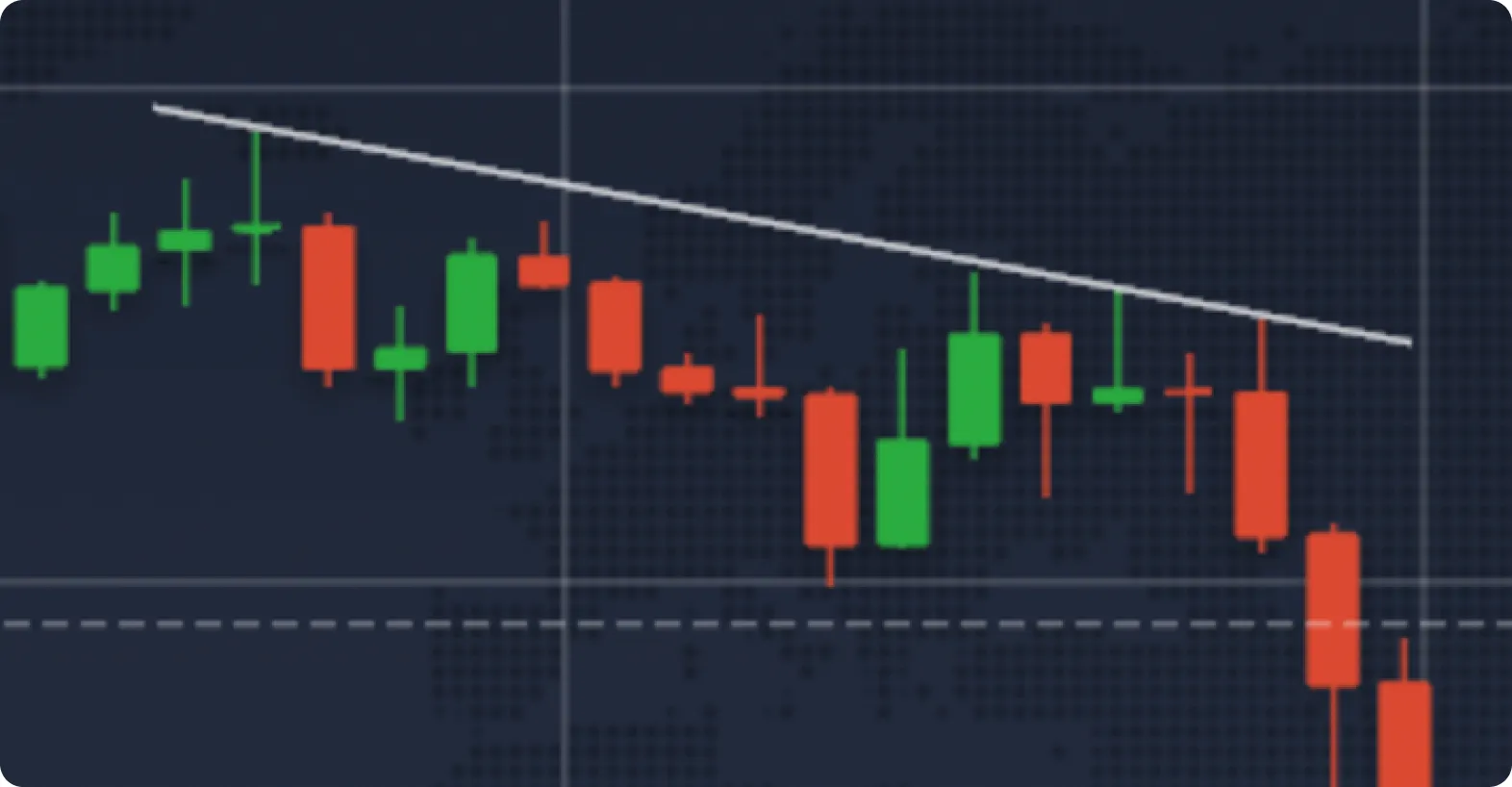 Gráfico com candlesticks verdes e vermelhos e uma linha de tendência descendente.