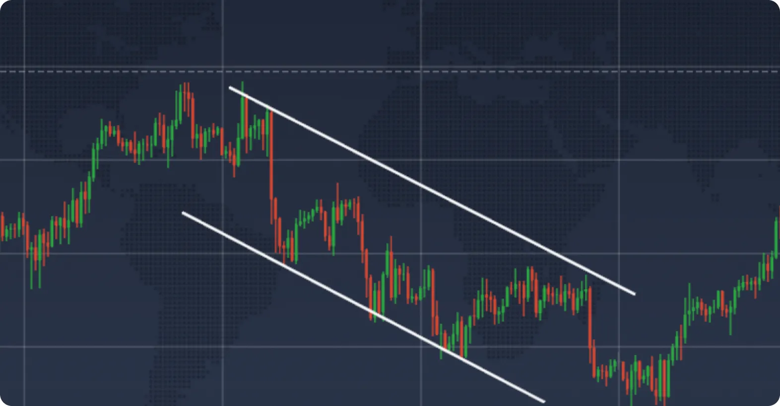 Gráfico mostrando tendências de preço com barras verdes e vermelhas e linhas de tendência diagonais.