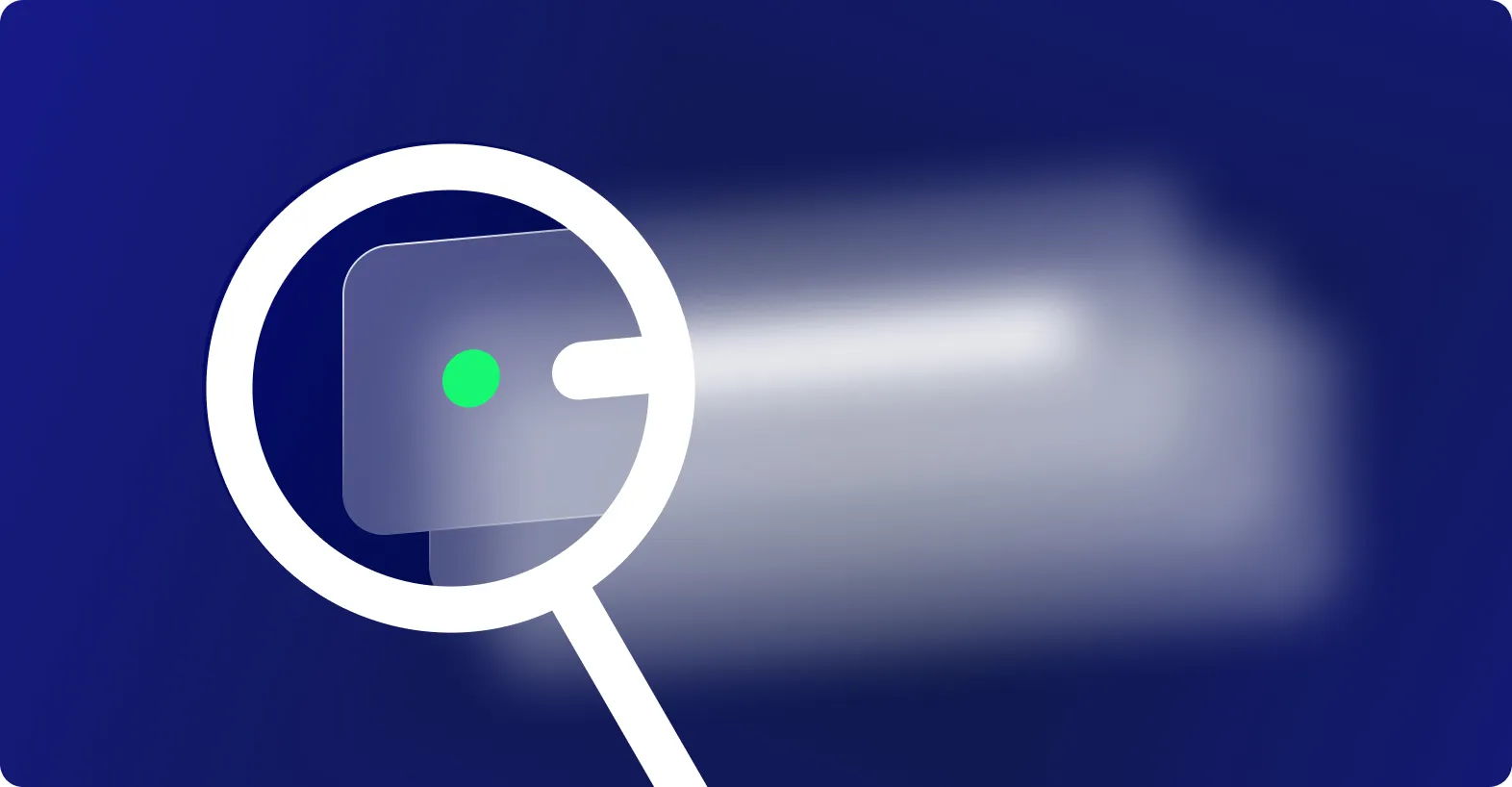 Un'icona di lente d'ingrandimento bianca con un punto verde al centro su uno sfondo blu scuro.