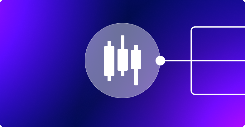 Um gráfico mostra três candlesticks conectados por uma linha em fundo roxo.