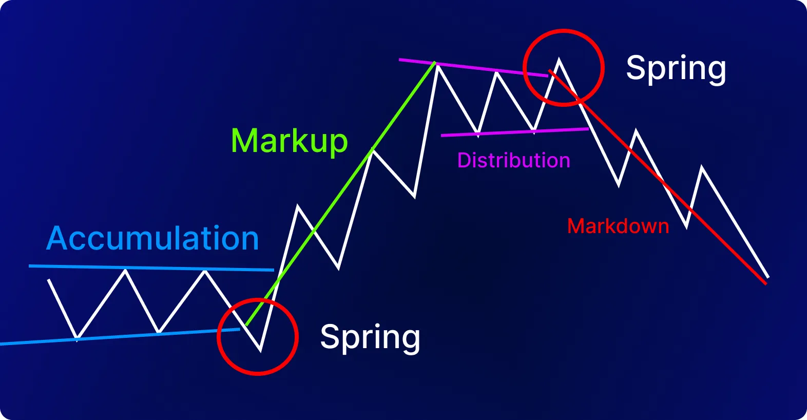 Grafico che mostra fasi di markup, accumulazione, distribuzione, markdown e spring nel trading.