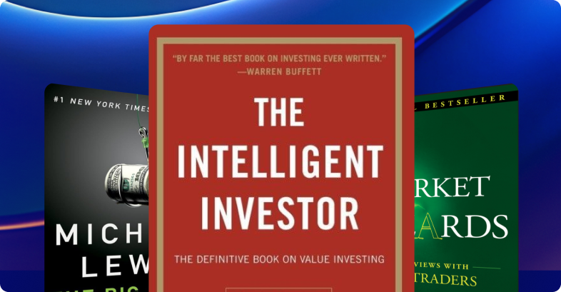 Três capas de livro: 'The Intelligent Investor,' 'Market Wizards' e 'Rich Dad.'