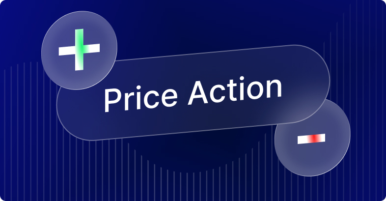 Grafik zeigt den Text 'Price Action' mit einem Plus- und einem Minus-Symbol daneben.