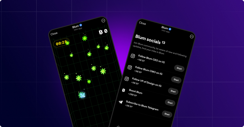 Duas telas móveis mostram um jogo de grade e um menu de redes sociais.