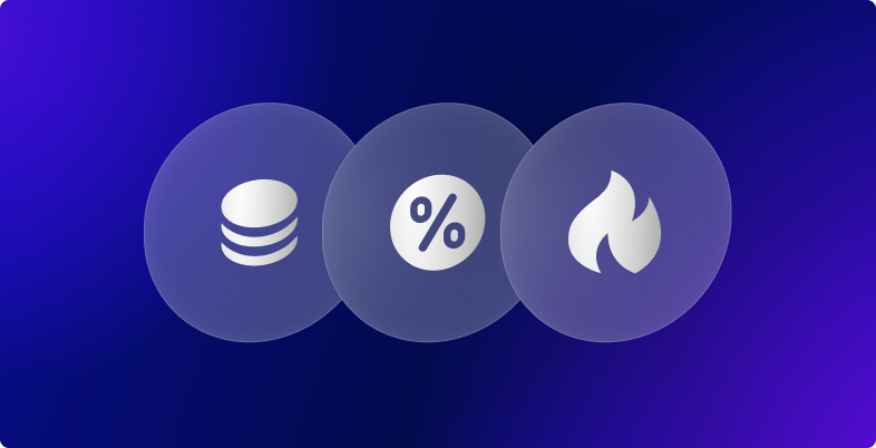 Iconos de base de datos, porcentaje y llama sobre fondo morado.
