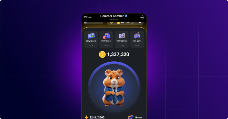Tela do app com um hamster de terno e um total de moedas de ouro de 1.337.320.