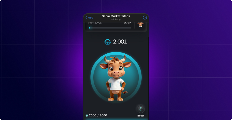 Tela móvel mostra o app SabioTrade com ícone de vaca em desenho animado e saldo de 2.001.