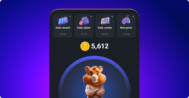 App interface shows a hamster, a gold coin with 5,612, and four game options.