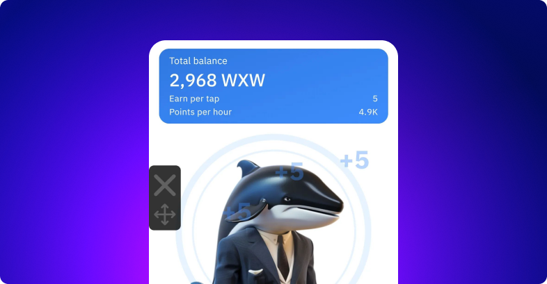 A digital interface shows a total balance of 2,968 WXW with a character in a suit.