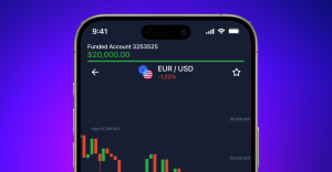 Écran mobile affichant un graphique EUR/USD avec un solde de 20 000 $.