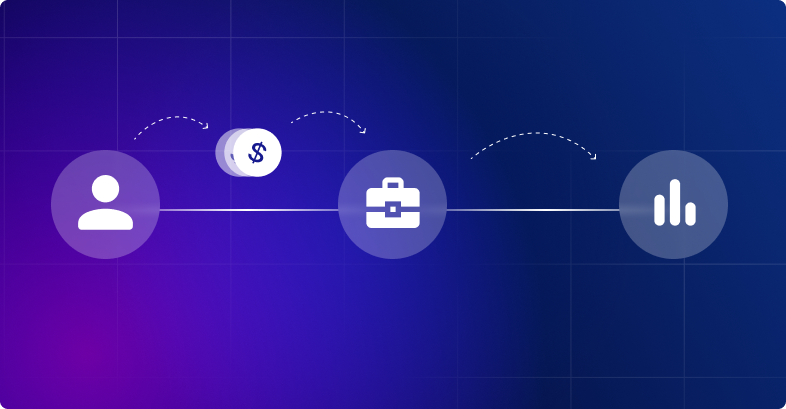 Ícones de um usuário, uma pasta e um gráfico conectados por setas e um símbolo de dólar.