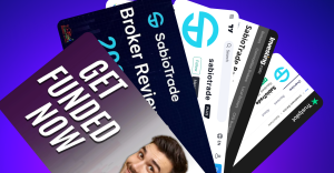 Cartes affichant SabioTrade et d'autres plateformes de trading avec le texte 'GET FUNDED NOW'.