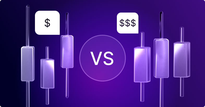 Comparaison de graphiques en chandeliers avec symbole VS et signes de dollar.