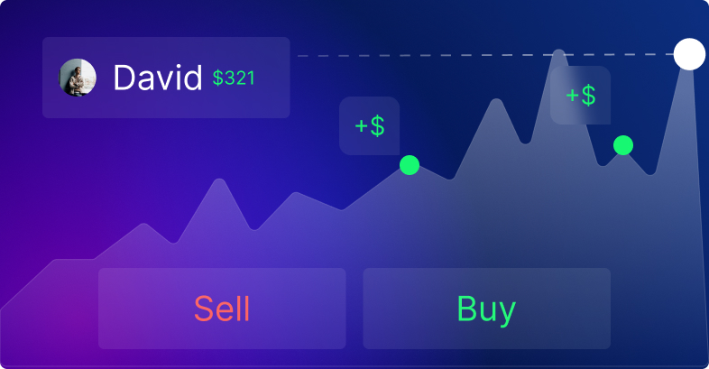 Gráfico mostra mudanças de preço com opções de comprar e vender, usuário David em $321.