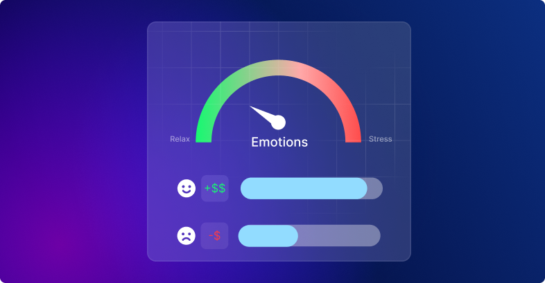 Indicateur étiqueté 'Émotions' montre le niveau entre Détendu et Stress avec des icônes pour +$ et -$.