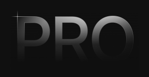 Un logo élégant affichant les lettres PRO en argent métallique sur fond noir.