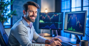 Un homme sourit à un bureau avec deux écrans affichant des graphiques de trading SabioTrade.