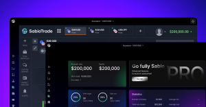 Tableau de bord de SabioTrade affichant un solde de compte de 200 000 $ et des options de trading.