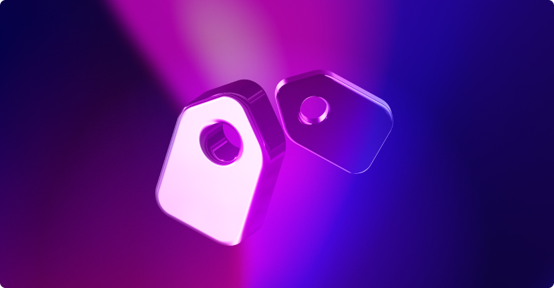 Deux blocs 3D violets lumineux avec des découpes circulaires flottent sur un fond bleu foncé.