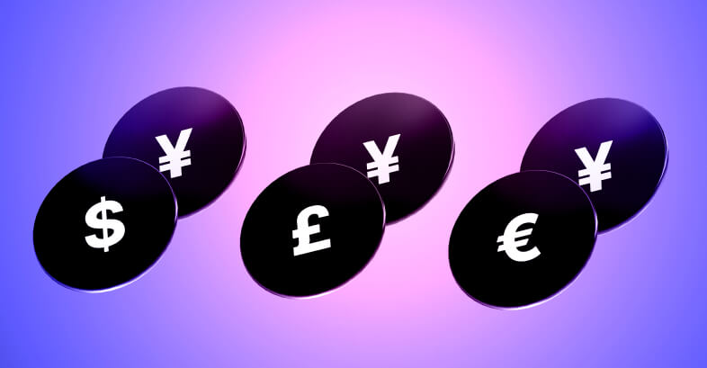 Símbolos de moedas $, €, £ e ¥ em círculos escuros.
