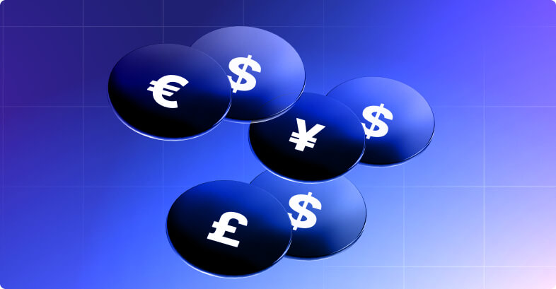 Cinq cercles bleus affichent des symboles de devises : €, $, ¥, £.