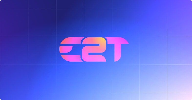 Logo con lettere stilizzate 'e2T' in rosa e blu su sfondo blu.