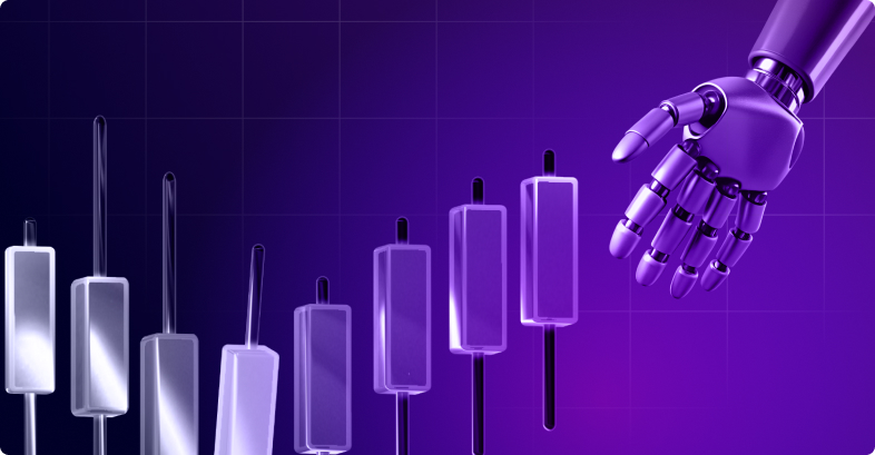 Una mano robótica toca gráficos de velas sobre un fondo morado con cuadrícula.