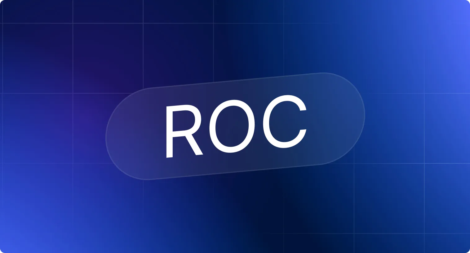 Arrière-plan bleu avec un rectangle arrondi affichant les lettres ROC en blanc.