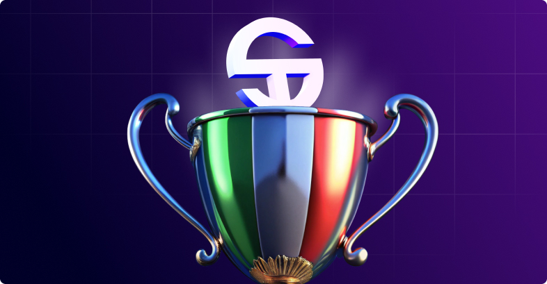 Un trofeo lucido con un simbolo dell'euro in cima su uno sfondo viola.