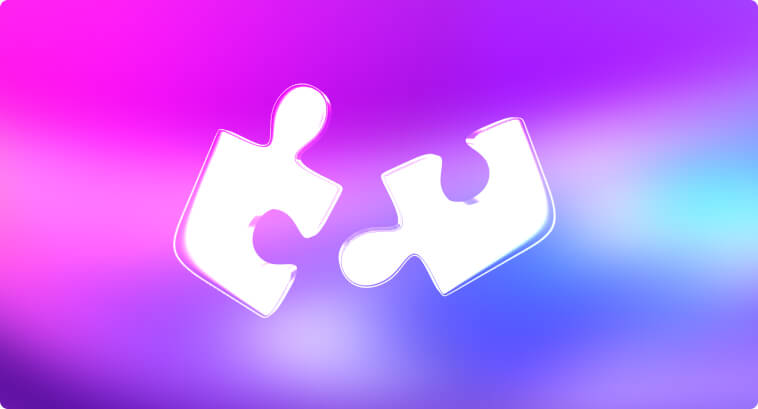 Deux pièces de puzzle entrelacées sur un fond dégradé violet et bleu.