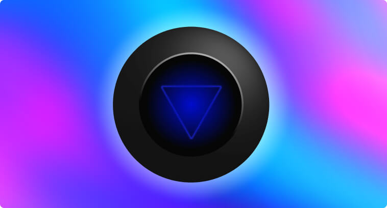 Un triangle bleu lumineux à l'intérieur d'un cercle noir sur un fond coloré.