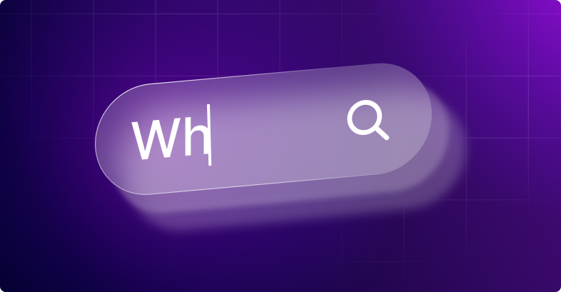 Una barra di ricerca con il testo 'Wh' e un'icona di lente d'ingrandimento su uno sfondo viola.