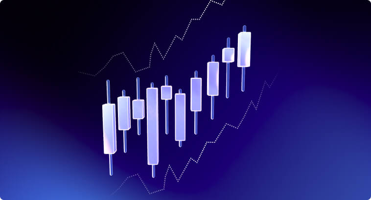 Candlestick chart with upward trend and dotted line overlay
