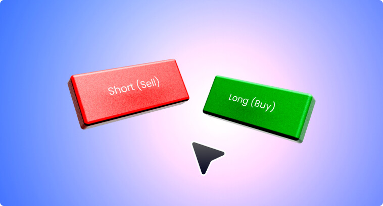 Red button labeled 'Short (Sell)' and green button labeled 'Long (Buy)' on a blue background.