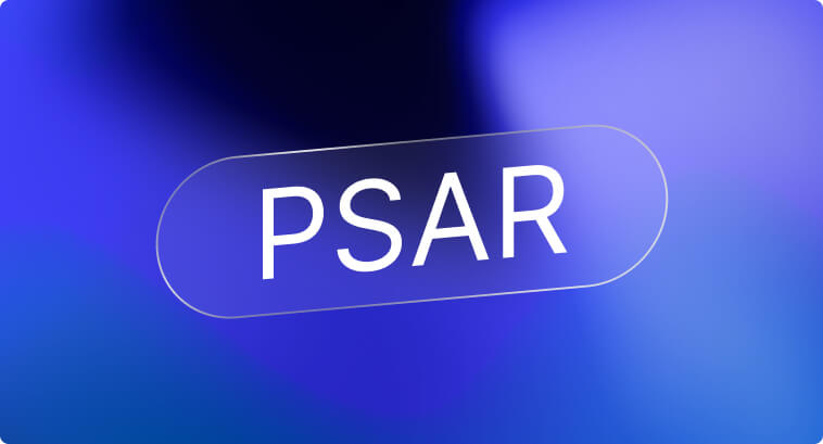 A blue background displays the text 'PSAR' in white within an oval border.