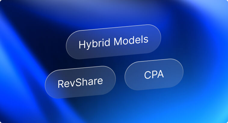 Tres botones etiquetados 'Modelos Híbridos,' 'RevShare' y 'CPA' sobre un fondo azul.