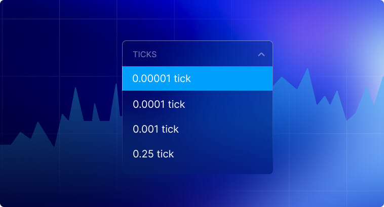 Menu suspenso mostrando opções de ticks: 0.00001 tick, 0.0001 tick, 0.001 tick, 0.25 tick.