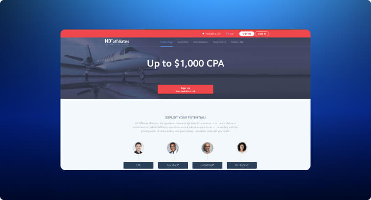 Webseite von H2 Affiliates zeigt einen Privatjet und hebt ein CPA-Angebot von $1.000 hervor.