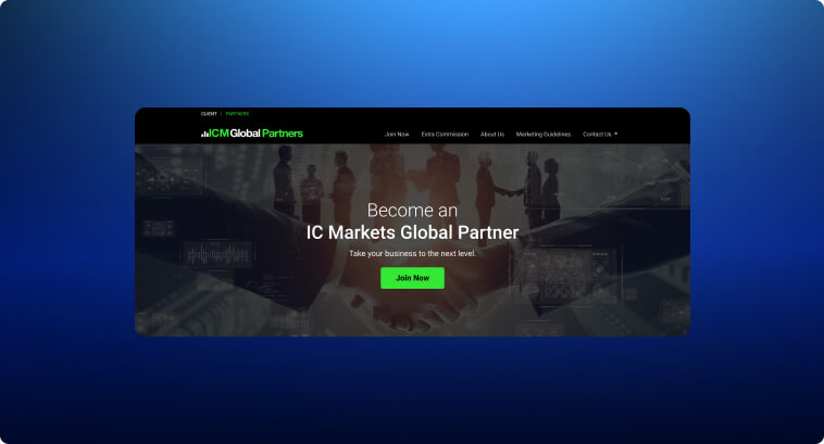 Web-Banner für IC Markets Global Partners mit Aufforderung, jetzt beizutreten.
