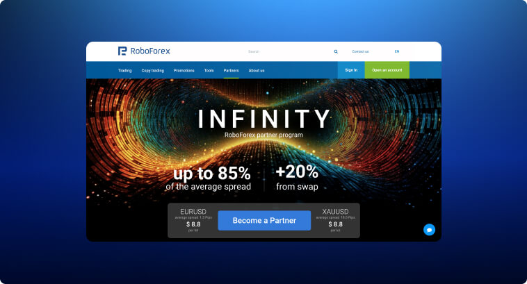 Webseite wirbt für das RoboForex Infinity-Partnerprogramm mit farbigem abstraktem Hintergrund.