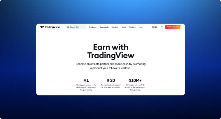 Webseite, die das TradingView-Partnerprogramm mit Statistiken und Vorteilen bewirbt.