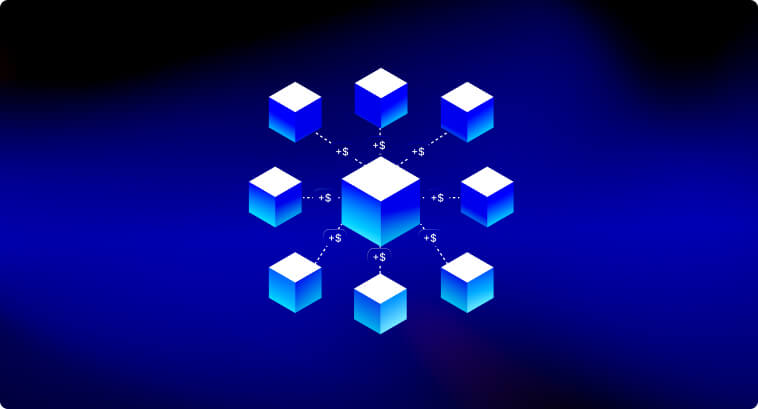 Cubos 3D dispostos em um padrão circular com sinais de dólar conectando cada par adjacente.