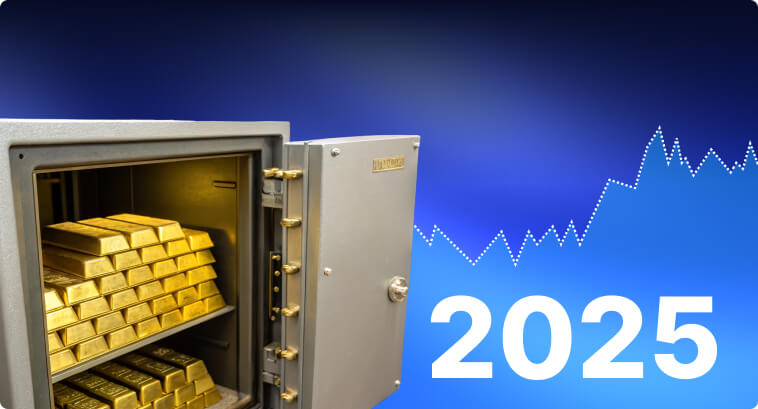 Ein offener Tresor mit Goldbarren neben einem Diagramm, das Preisschwankungen für 2025 zeigt.